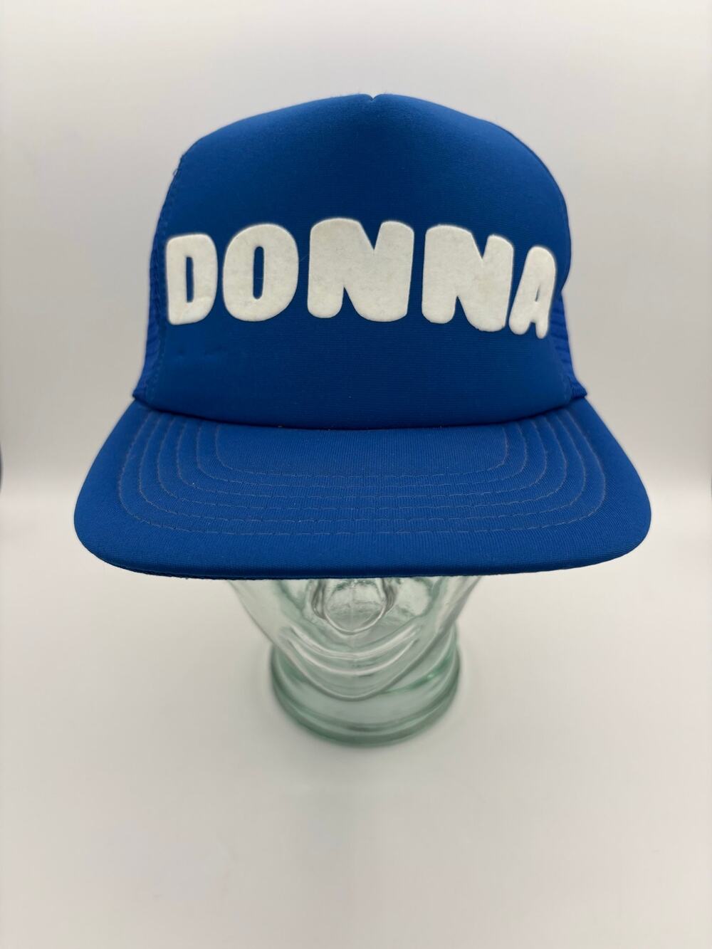 Vintage “Donna” Blue & White Adjustable Mesh Snap Back Trucker Hat OSFA